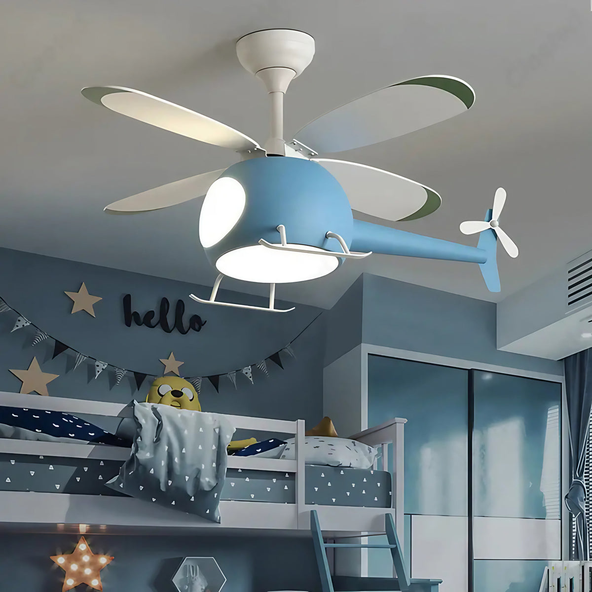 Plafonnier hélicoptère avec ventilateur pour chambre d'enfant, bleu