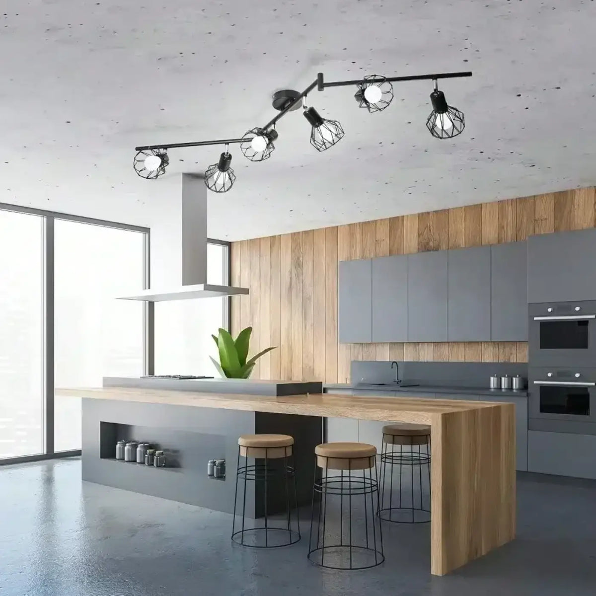 Plafonnier industriel noir, six spots en cage orientables