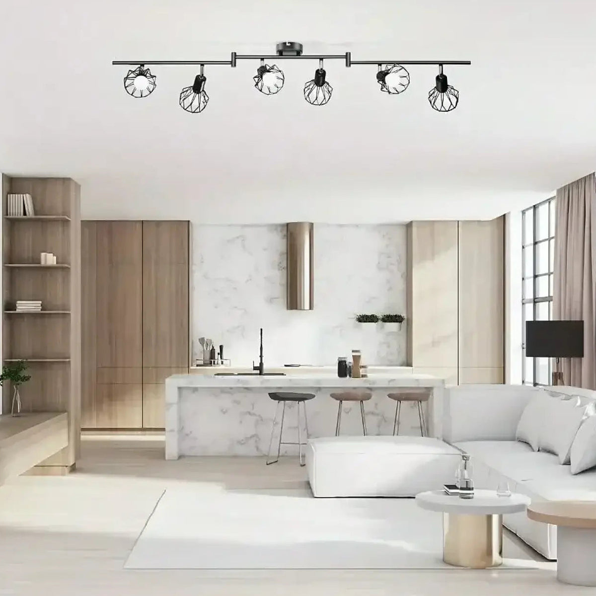Plafonnier industriel noir, six spots en cage orientables