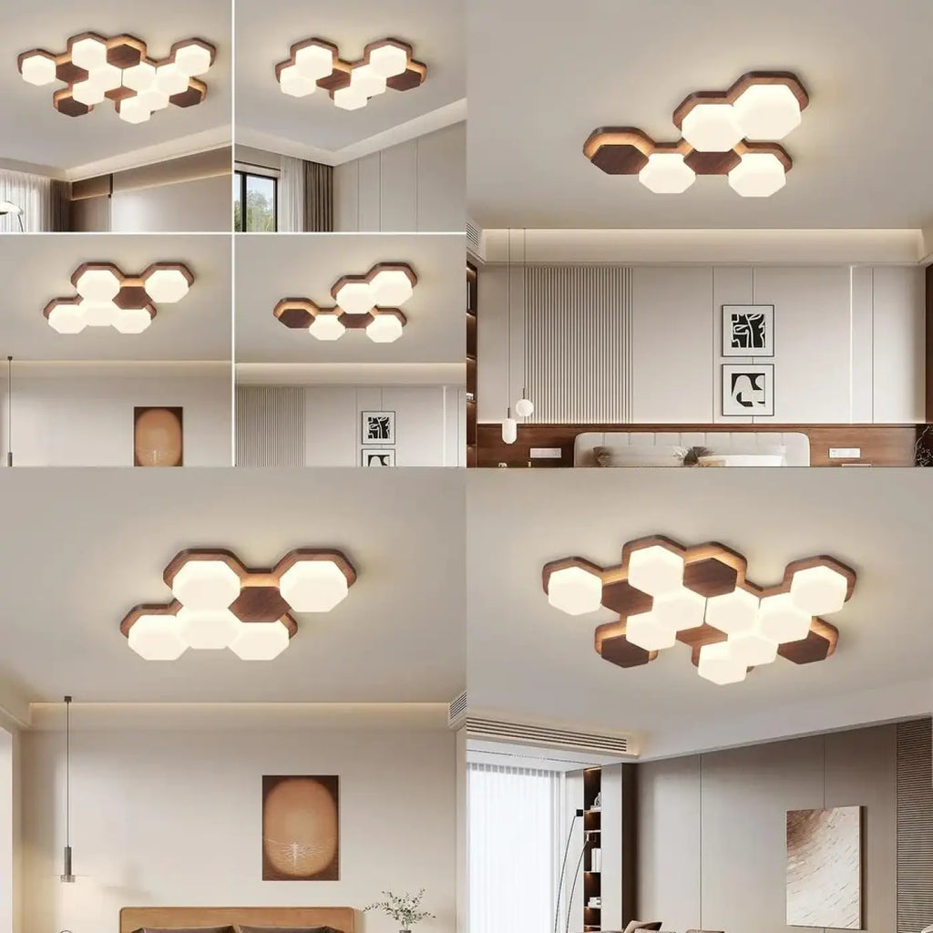 Plafonnier LED géométrique en bois, trois modèles