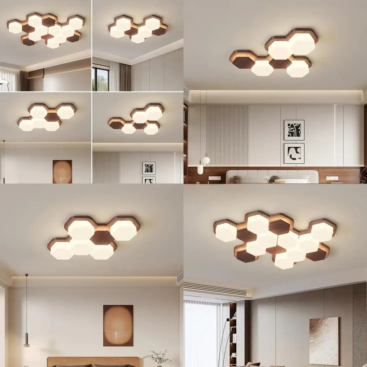 Plafonnier LED géométrique en bois, trois modèles
