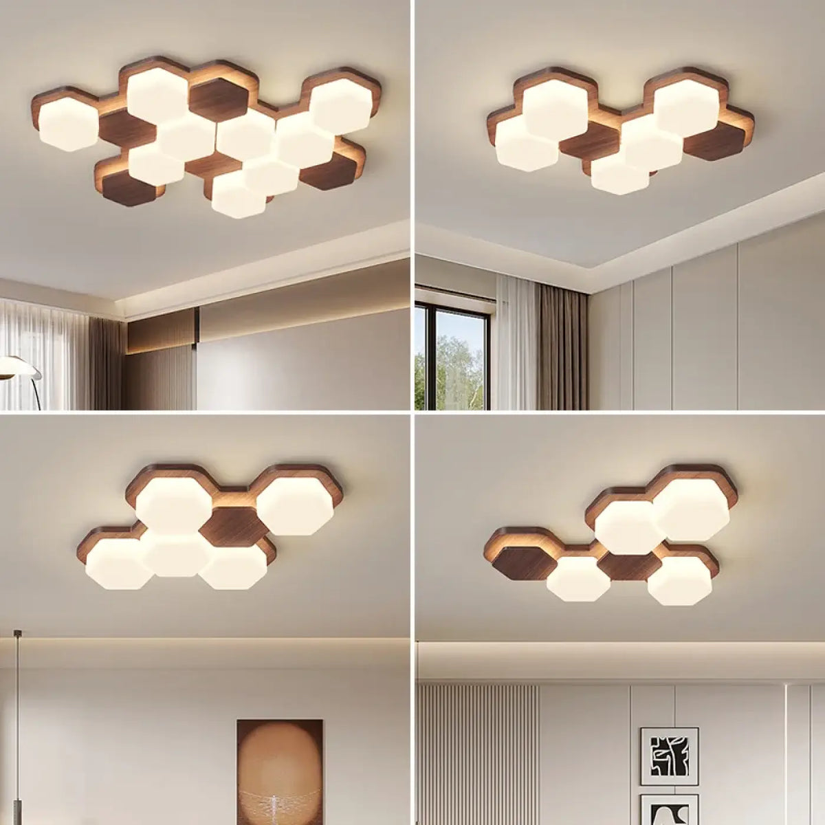 Plafonnier LED géométrique en bois, trois modèles