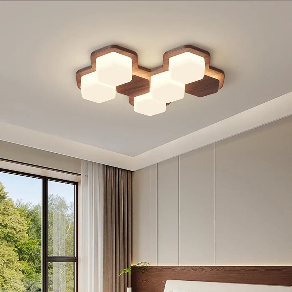 Plafonnier LED géométrique en bois, trois modèles