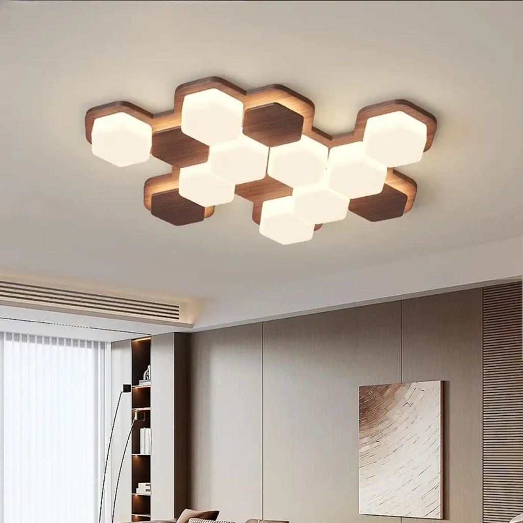Plafonnier LED géométrique en bois, trois modèles