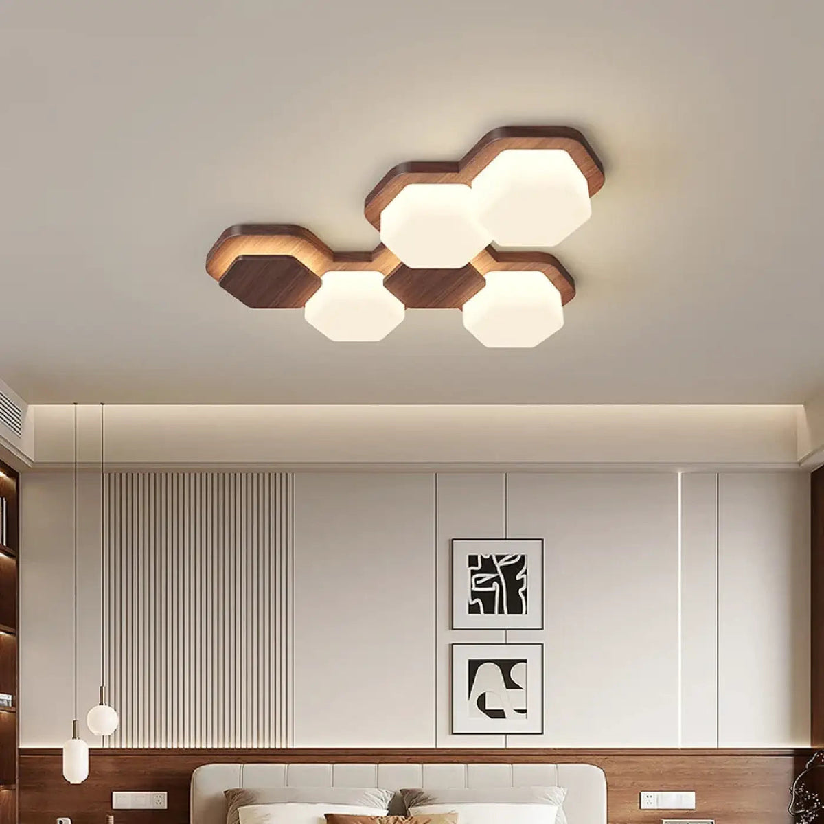 Plafonnier LED géométrique en bois, trois modèles