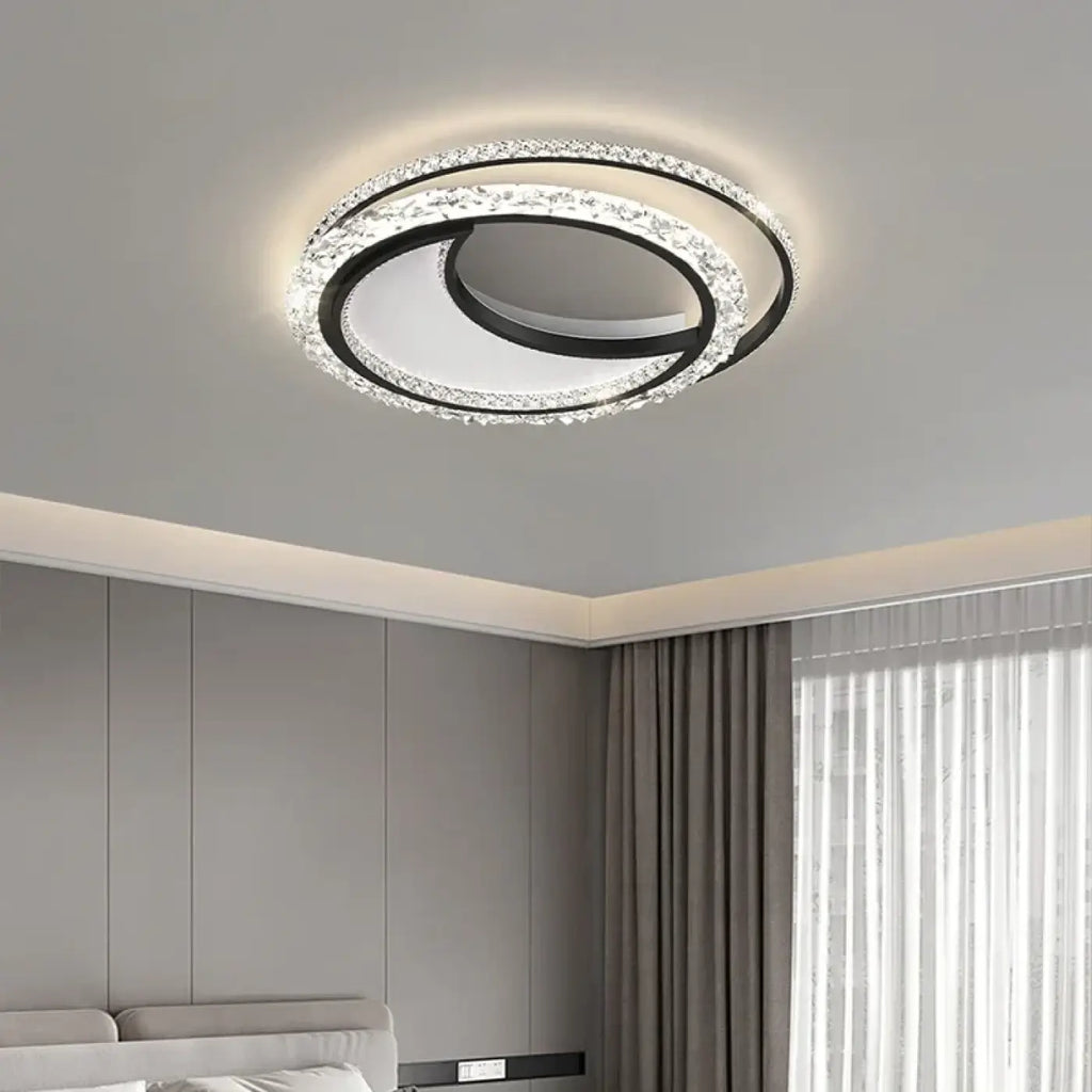Plafonnier LED double anneau en cristal, blanc, doré ou noir