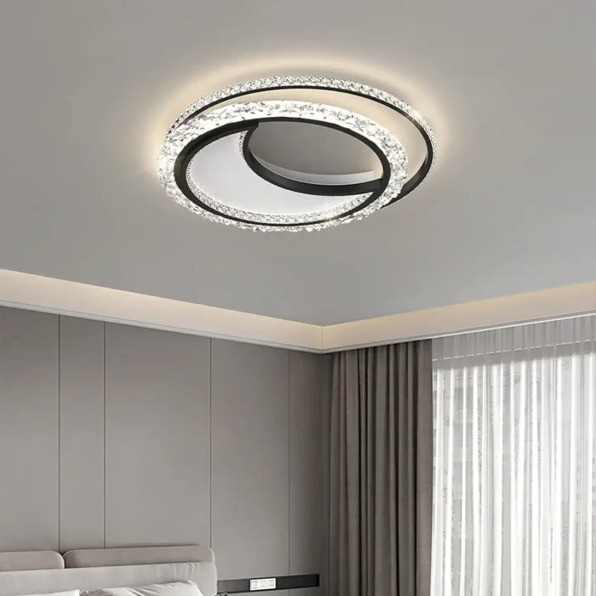 Plafonnier LED double anneau en cristal, blanc, doré ou noir