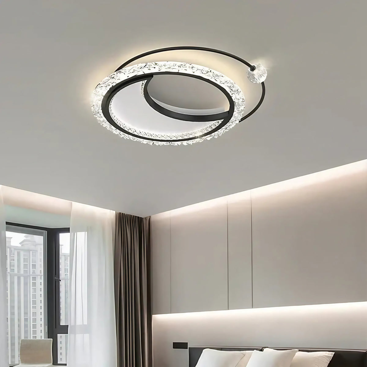 Plafonnier LED double anneau en cristal, blanc, doré ou noir, noir