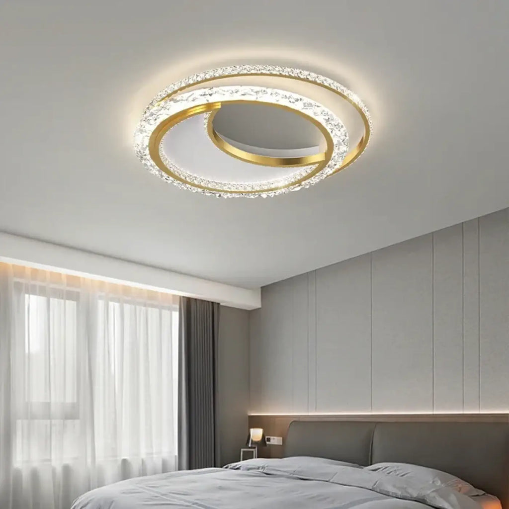 Plafonnier LED double anneau en cristal, blanc, doré ou noir