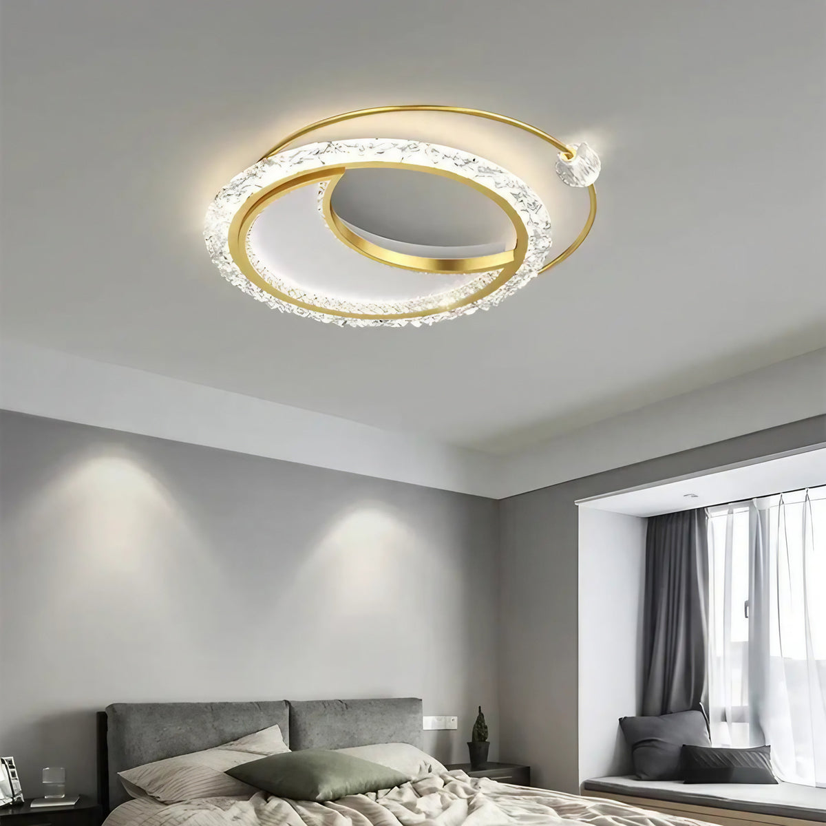 Plafonnier LED double anneau en cristal, blanc, doré ou noir, doré