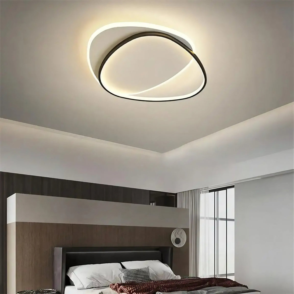 Plafonnier LED ovale à deux anneaux, blanc, noir ou doré, noir