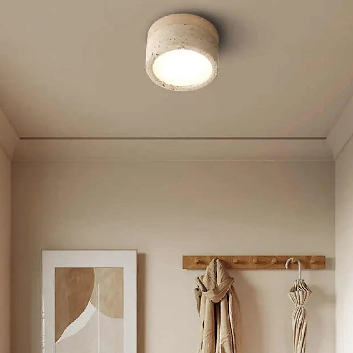 Plafonnier LED pierre et bois pour couloir, marron ou beige, beige