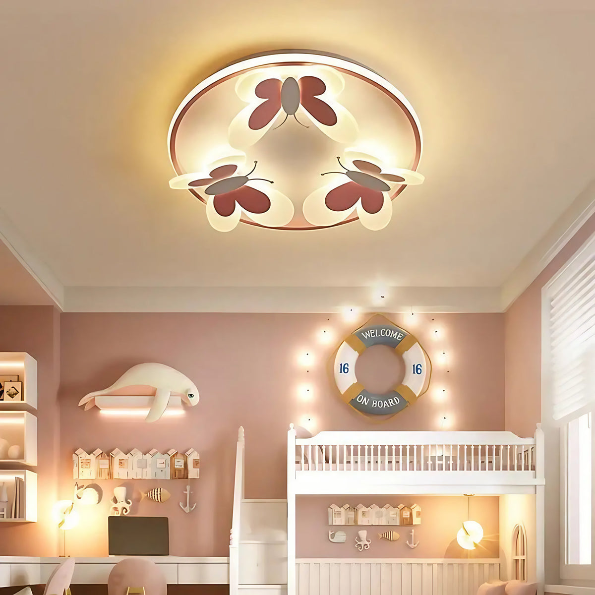 Plafonnier LED papillons roses et blancs pour chambre d'enfant