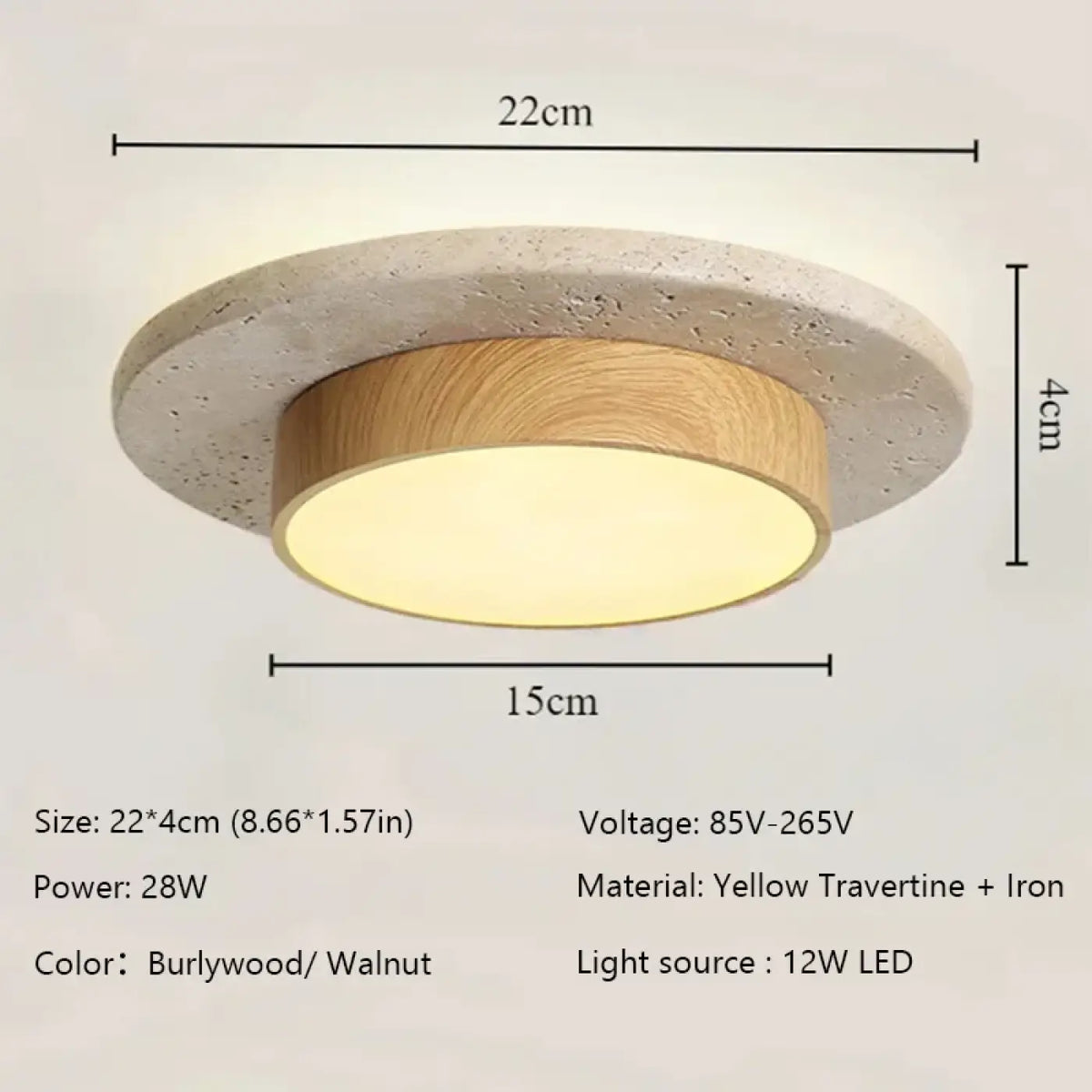Plafonnier LED en bois de noyer et pierre, marron ou beige