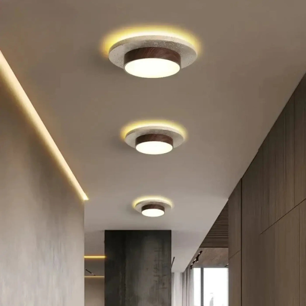 Plafonnier LED en bois de noyer et pierre, marron ou beige, marron