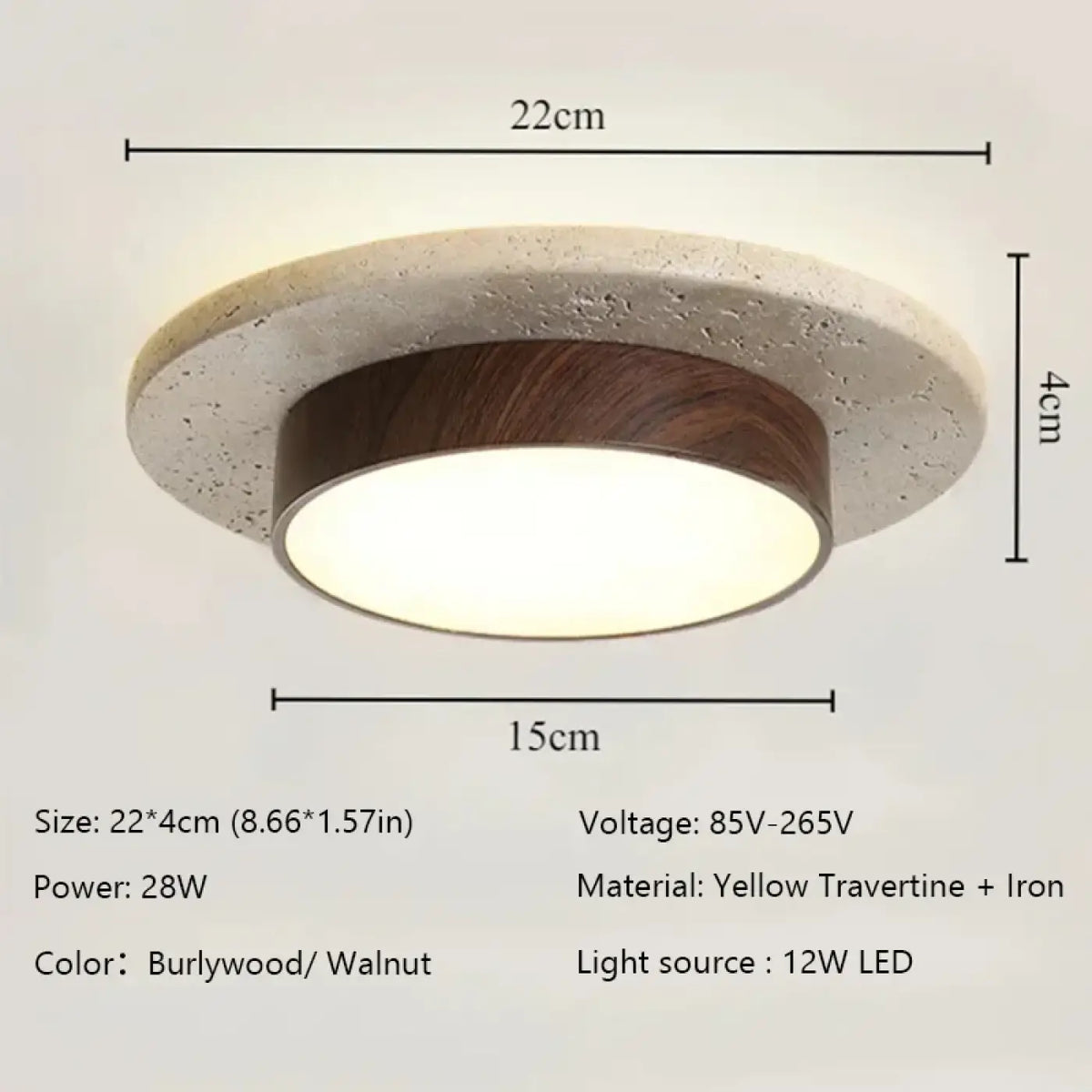 Plafonnier LED en bois de noyer et pierre, marron ou beige