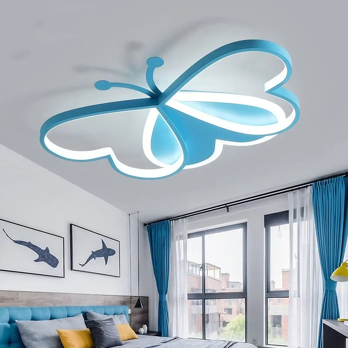 Plafonnier LED papillon pour chambre d'enfant, rose ou bleu, bleu