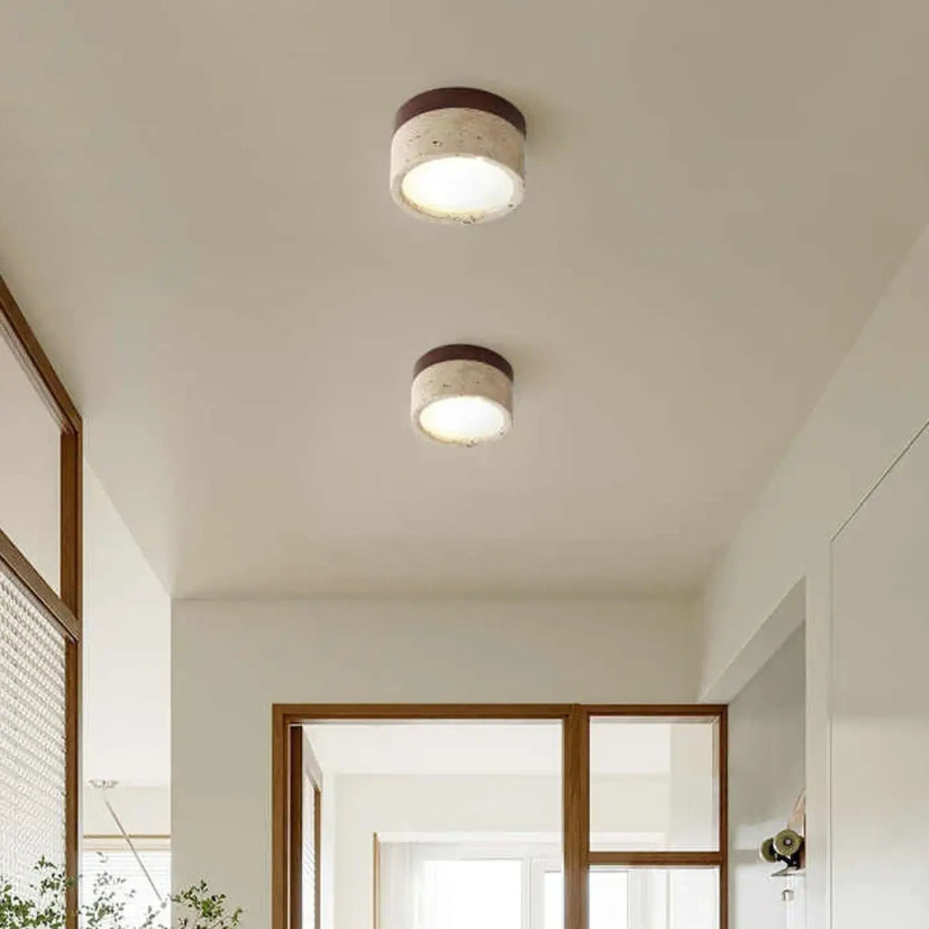 Plafonnier LED pierre et bois pour couloir, marron ou beige, marron