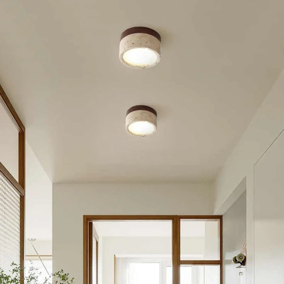 Plafonnier LED pierre et bois pour couloir, marron ou beige, marron