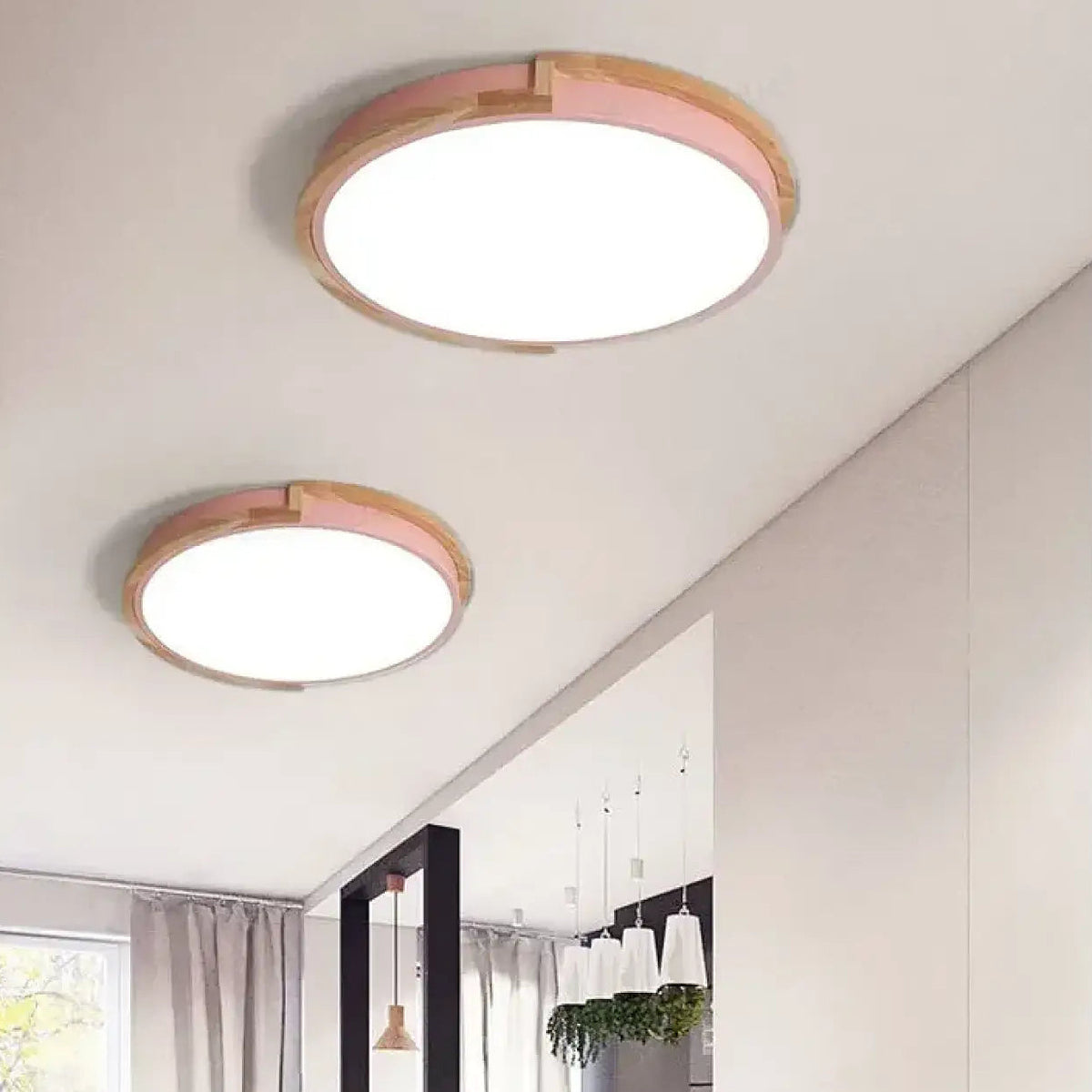 Plafonnier LED rond bois et métal, quatre coloris, trois tailles, rose