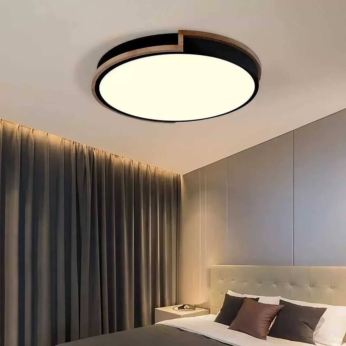 Plafonnier LED rond bois et métal, quatre coloris, trois tailles, noir