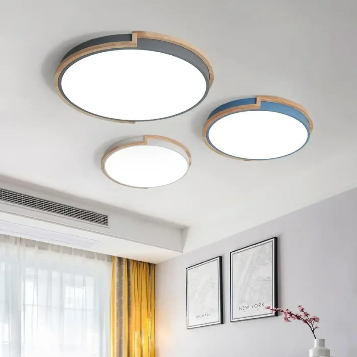 Plafonnier LED rond bois et métal, quatre coloris, trois tailles, bleu