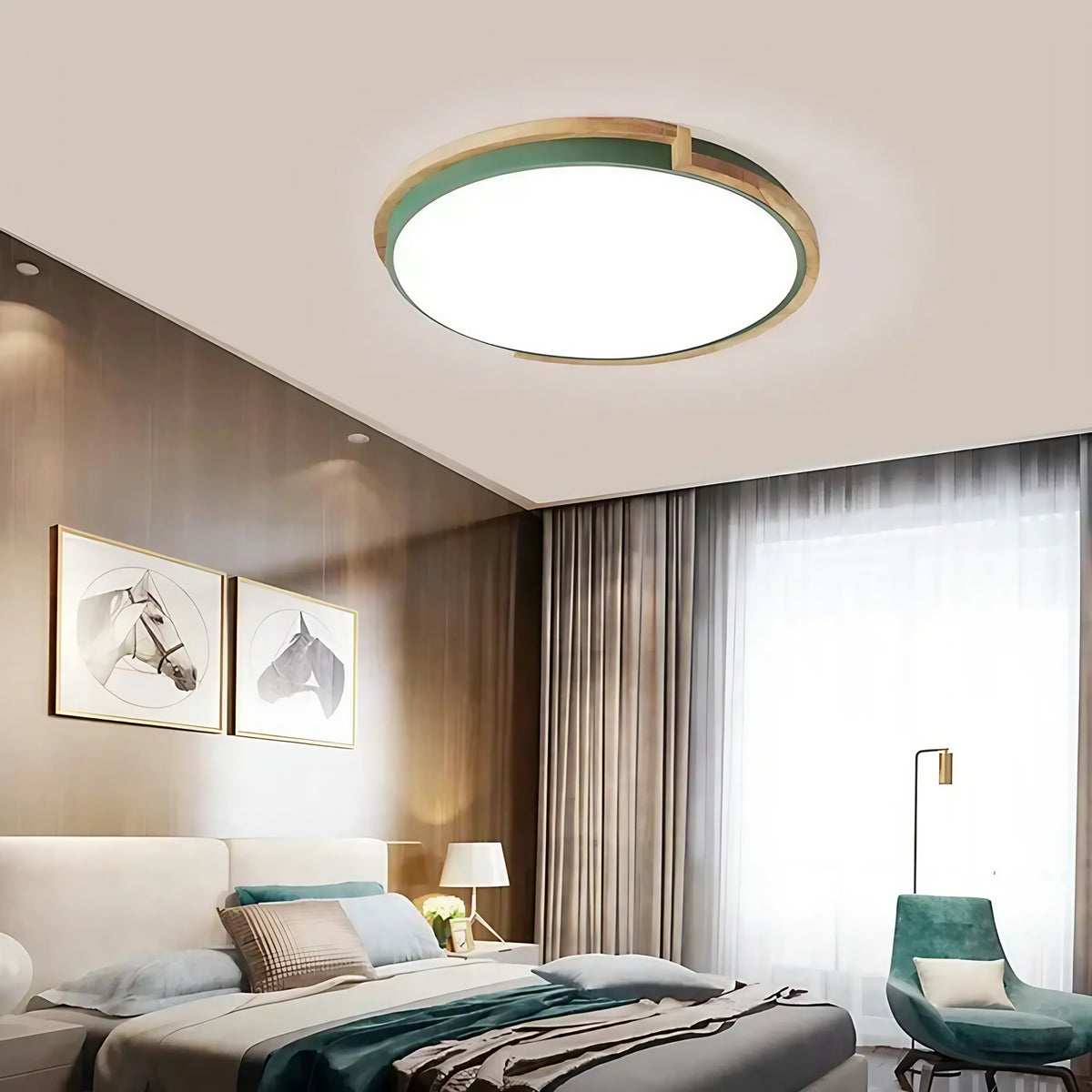 Plafonnier LED rond bois et métal, quatre coloris, trois tailles, vert