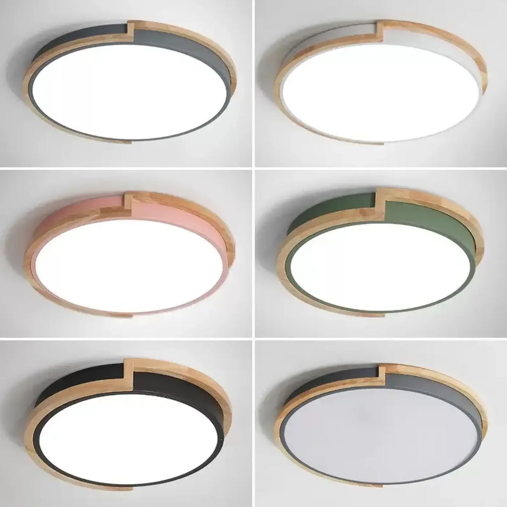 Plafonnier LED rond bois et métal, quatre coloris, trois tailles