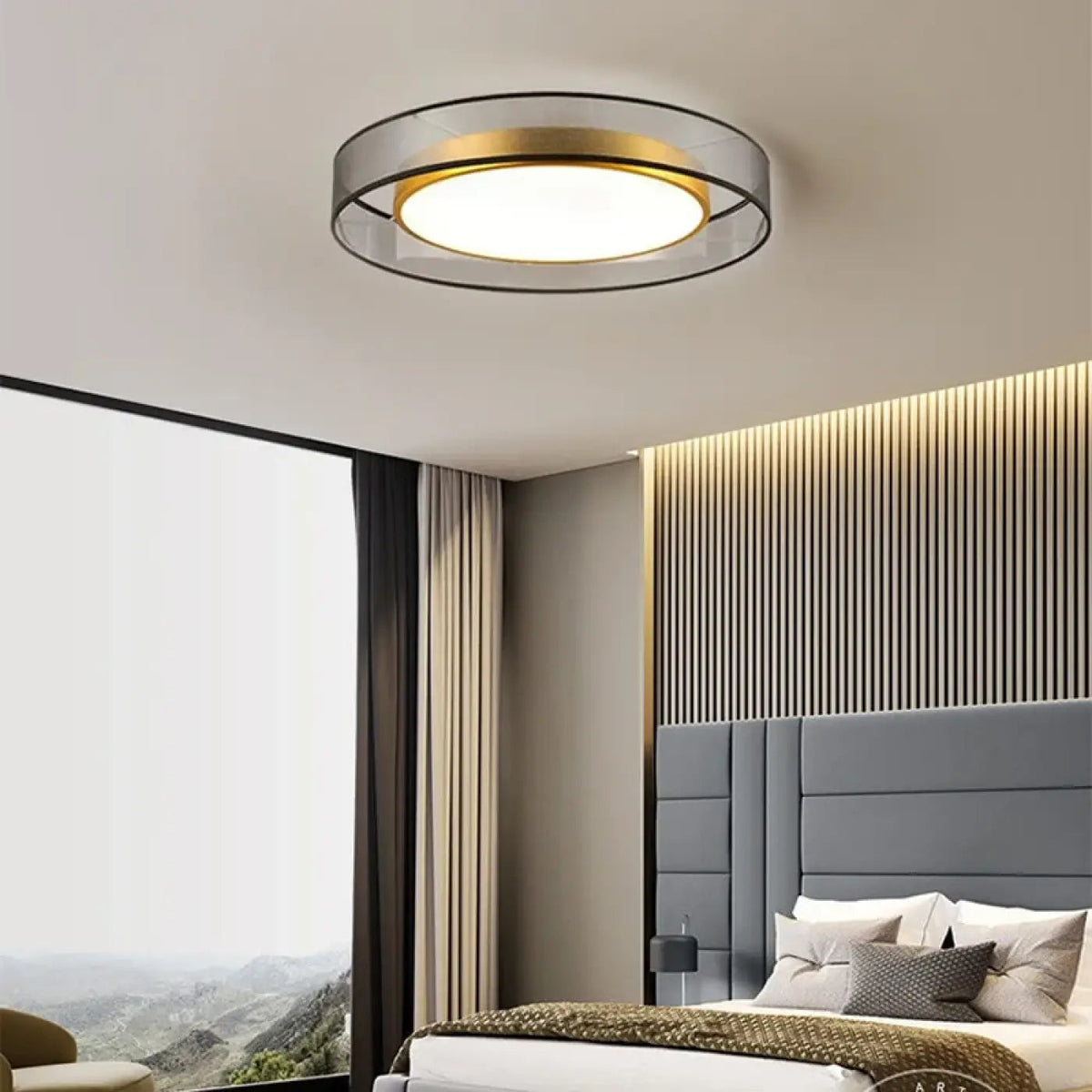 Plafonnier rond LED, gris fumé et doré, tailles S, M et L
