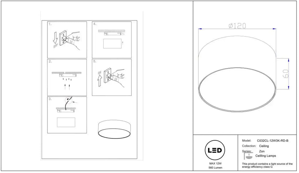 Plafonnier LED disque plat de 6 cm, noir, blanc ou doré