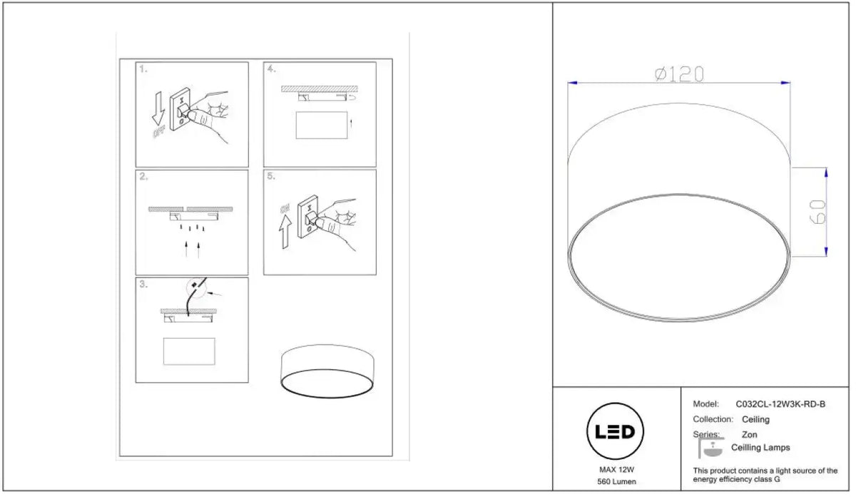 Plafonnier LED disque plat de 6 cm, noir, blanc ou doré