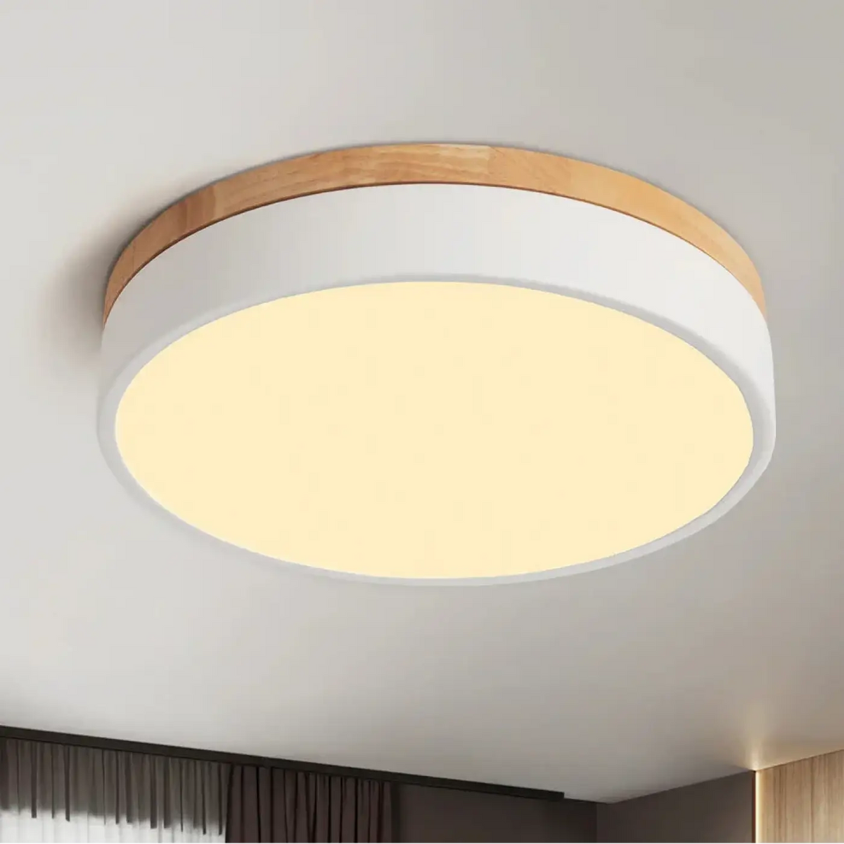 Plafonnier rond minimaliste effet bois, blanc, beige ou noir, blanc