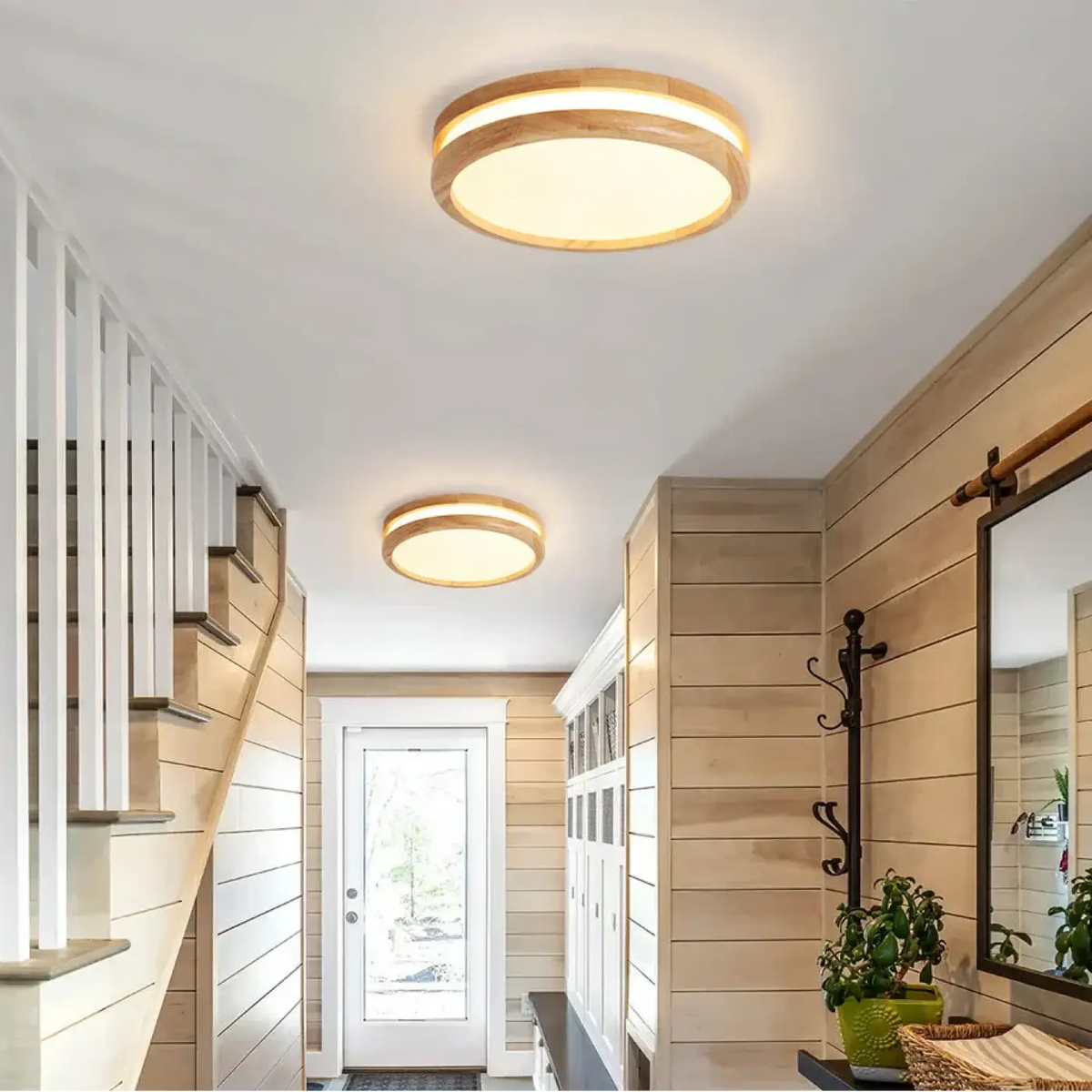 Plafonnier rond minimaliste effet bois, blanc, beige ou noir
