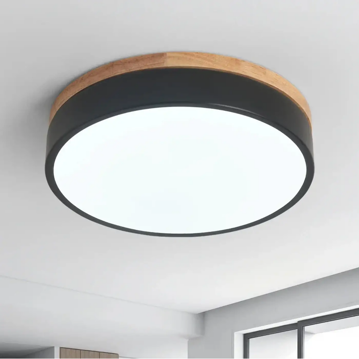 Plafonnier rond minimaliste effet bois, blanc, beige ou noir, noir