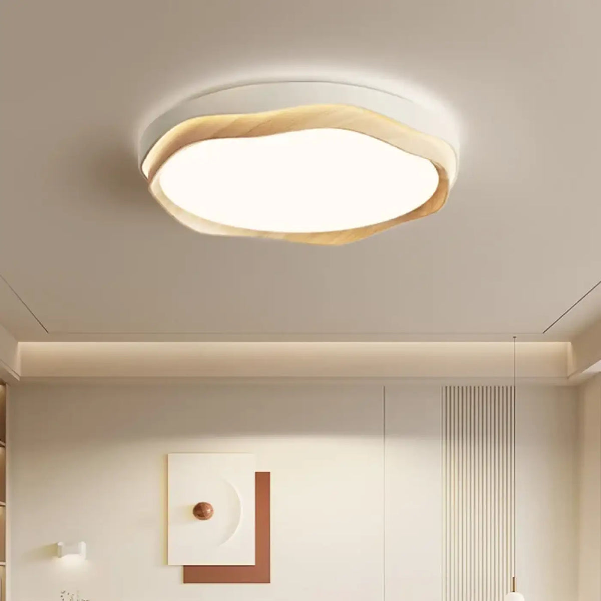 Plafonnier rond en bois courbé, style scandinave, beige