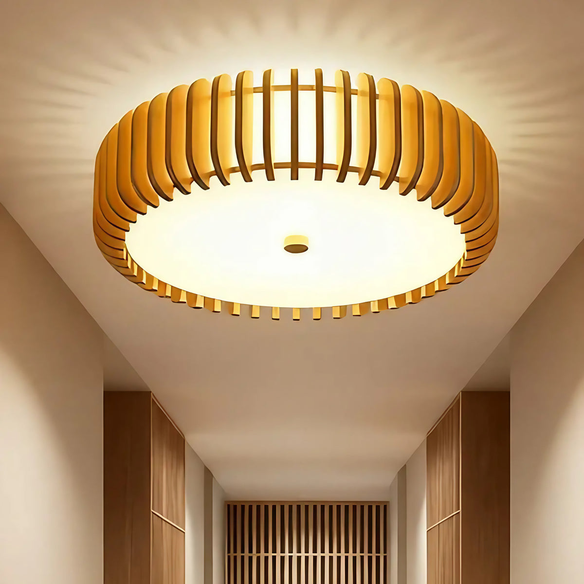 Plafonnier rond en lattes de bois, style scandinave, tailles S à XL