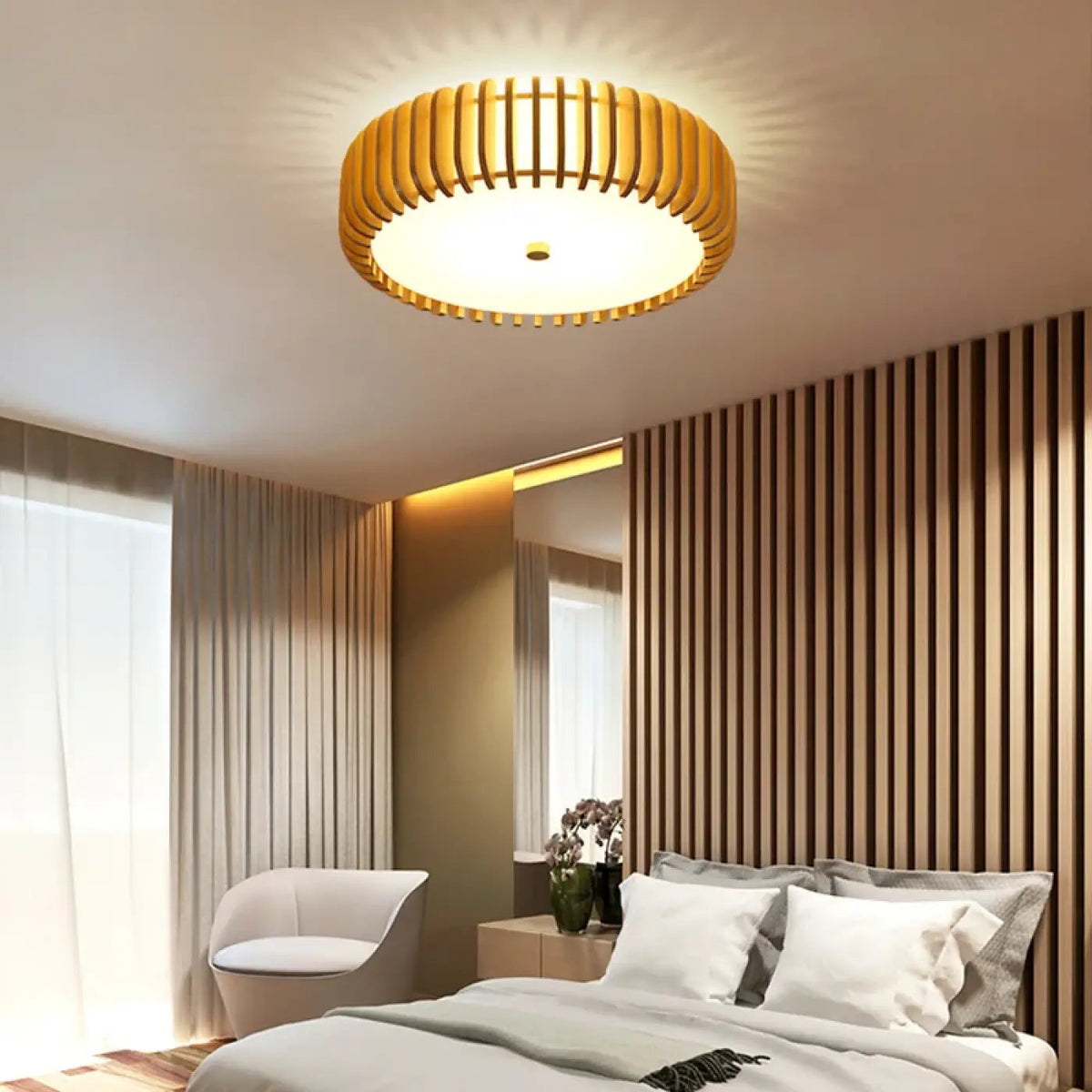 Plafonnier rond en lattes de bois, style scandinave, tailles S à XL