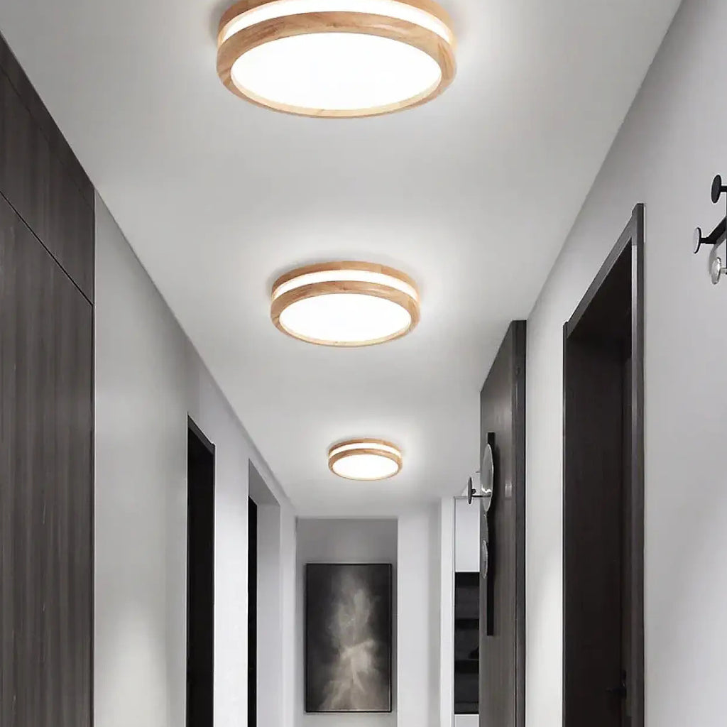 Plafonnier rond minimaliste effet bois, blanc, beige ou noir