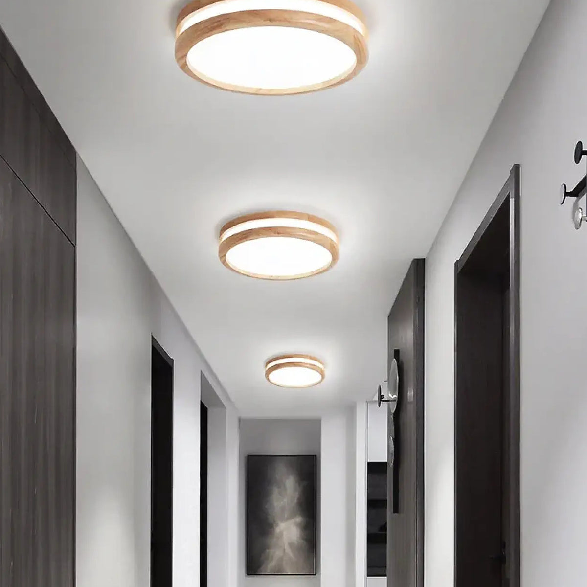 Plafonnier rond minimaliste effet bois, blanc, beige ou noir