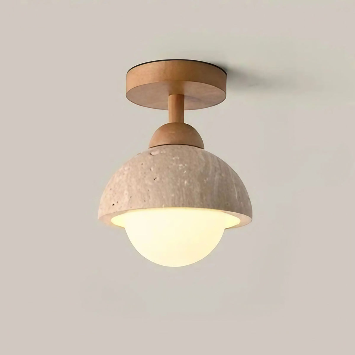 Plafonnier en pierre travertin et finition bois, cinq modèles, beige