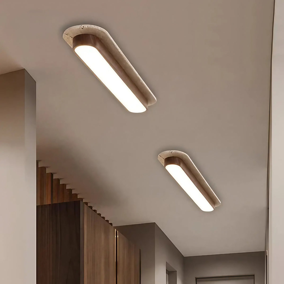 Plafonnier LED intégré en bois courbé, beige ou marron, S à L, marron