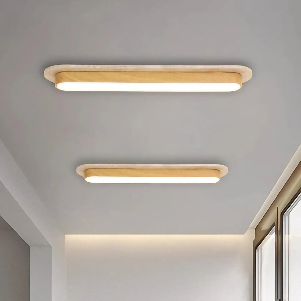 Plafonnier LED intégré en bois courbé, beige ou marron, S à L, beige