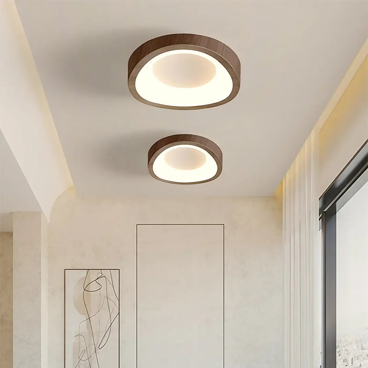 Plafonnier LED et bois, en noir, blanc ou marron, deux modèles, marron