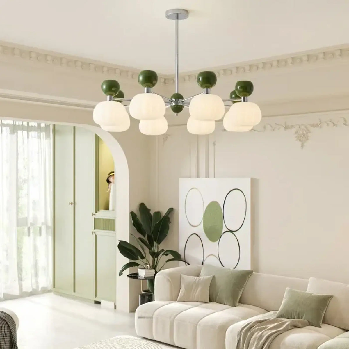 Plafonnier à globes en verre opalin, beige, rouge ou vert, beige