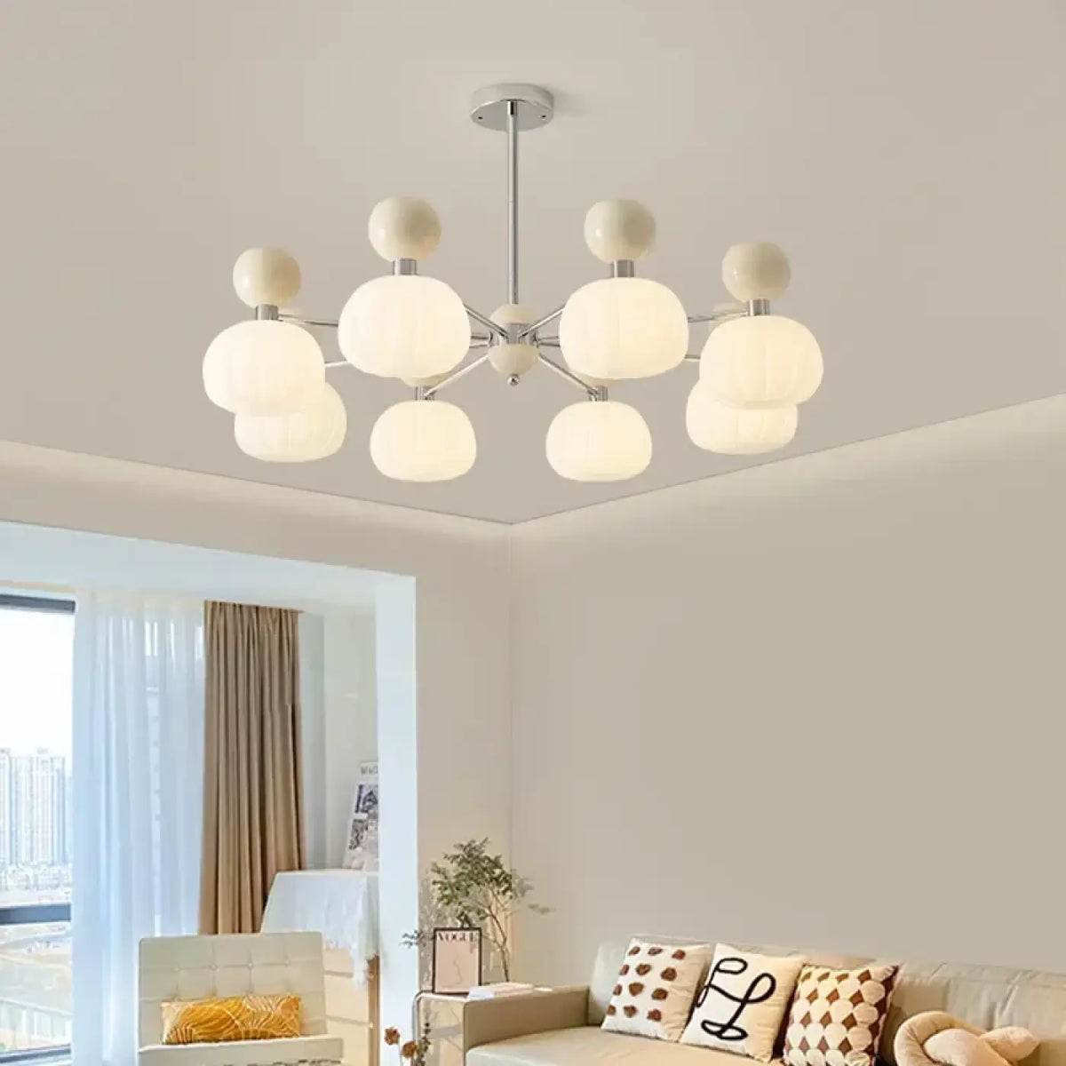 Plafonnier à globes en verre opalin, beige, rouge ou vert, beige