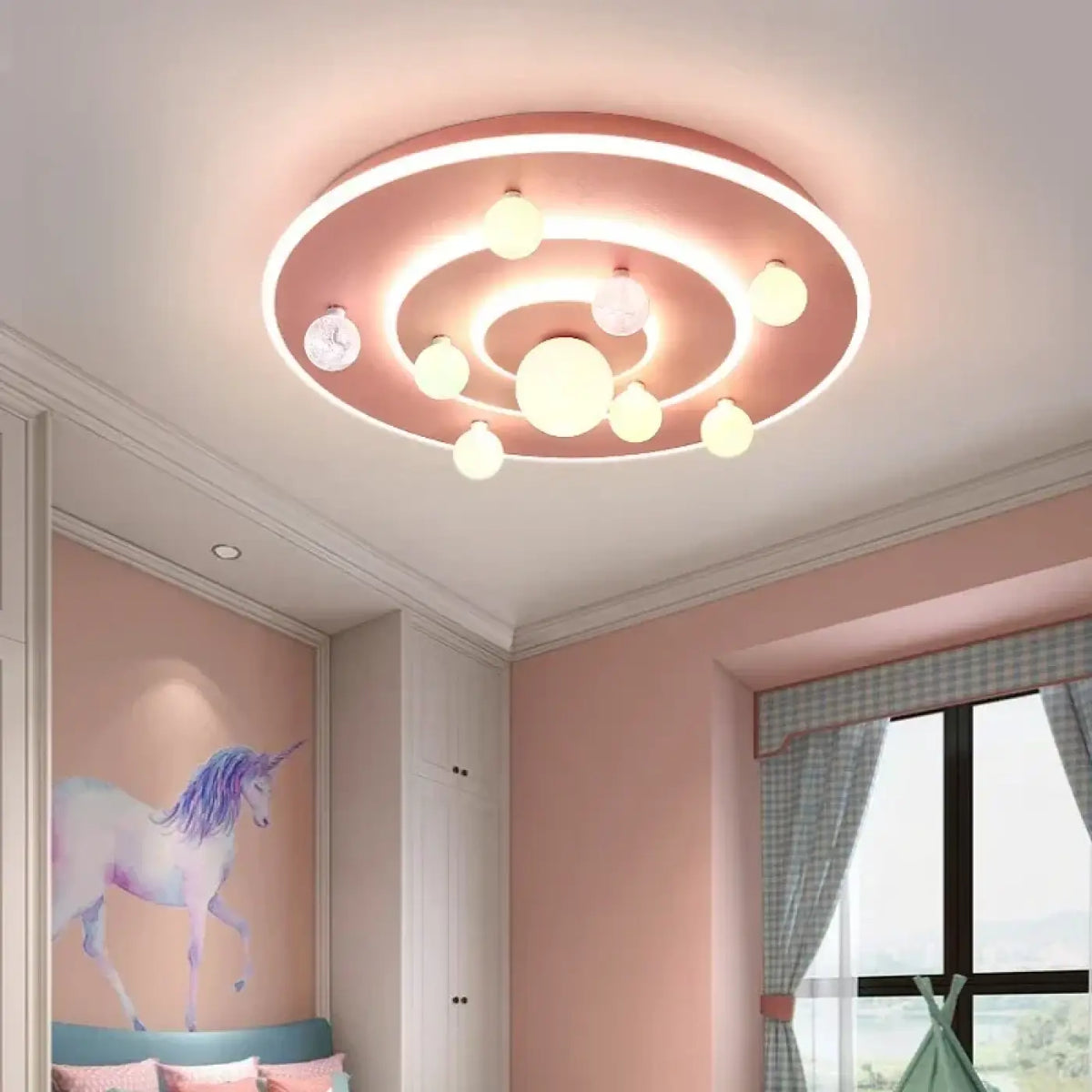 Plafonnier système solaire à anneaux, rose ou bleu