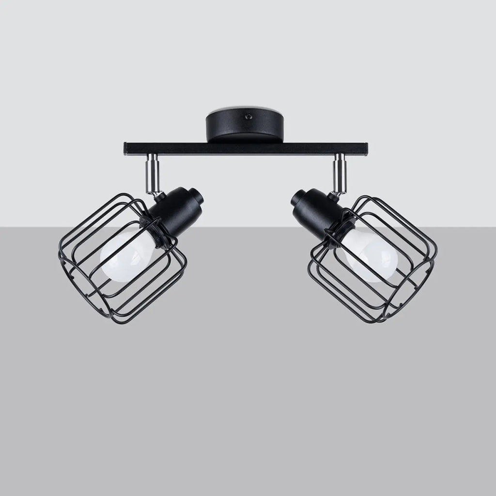 Plafonnier 2 spots orientables à grilles, métal noir, 27 cm