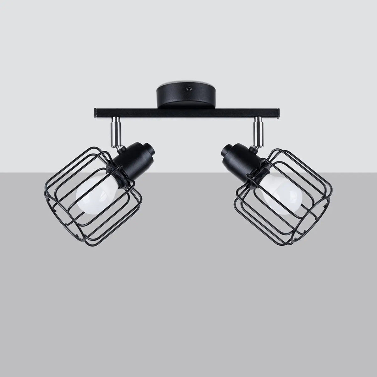 Plafonnier 2 spots orientables à grilles, métal noir, 27 cm
