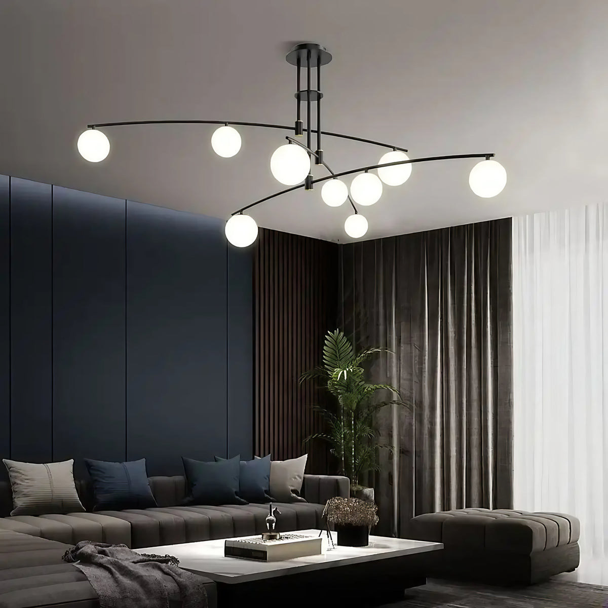 Plafonnier à bras multiples et globes blancs, noir ou doré