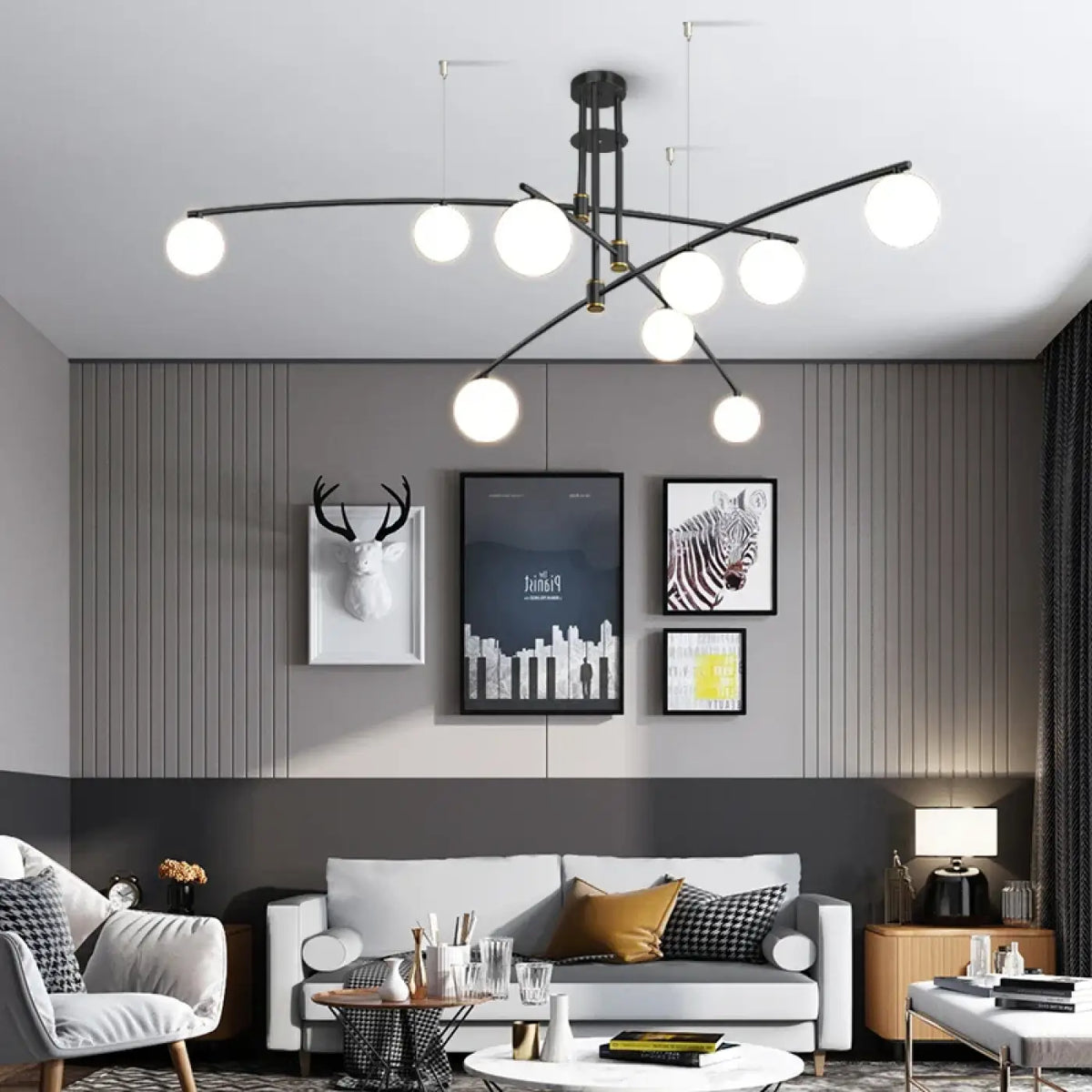 Plafonnier à bras multiples et globes blancs, noir ou doré, noir